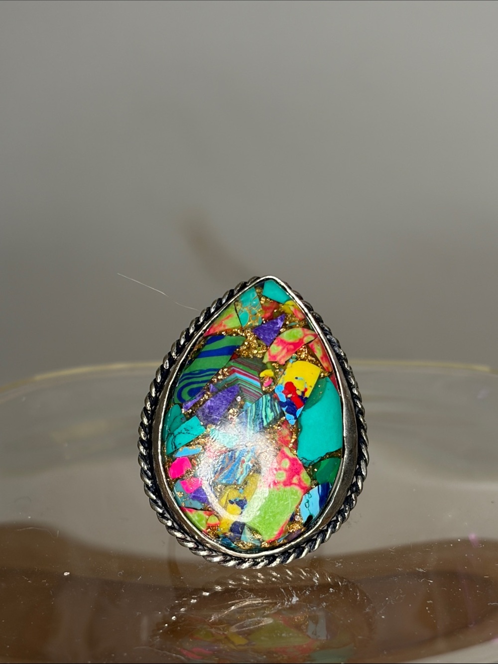 Multicolor Teardrop Inlay Statement Ring - Women Jewelry sz7 adjustable